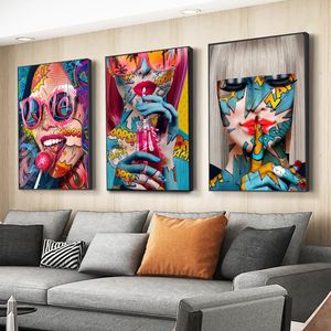 Canvas Painting Graffiti Abstract Girl Wall Art Modern Pop Sexy Woman Posters Living Room Bedroom Home Decor Mural Picture Wo6