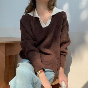 Kadın Sweaters Jumper 2023 Kış giysileri dikiş yaka çukuru şerit All-Match Pullover Sweater Kore Moda Zarif Kadın Top Vintage