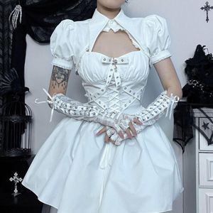 Lässige Kleider Goth dunkle süße Mini -Frauen Verband Spaghetti -Gurt ärmellose Swing Skater Dress Club Party Y2K Streetwear