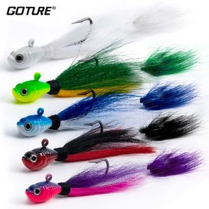 Betar lockar goture 5st/lot bucktail jigs head hook 3d ögon bete 7g 14g 28g 56g hjort hår fjäder krok skägg jigging lock fiske 230816