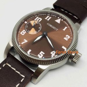 Wristwatches 46mm Brown Big Dial Mens Watch Silver Case Hand Winding Movement Leather Strap Classic Leisure Fashion Luminous