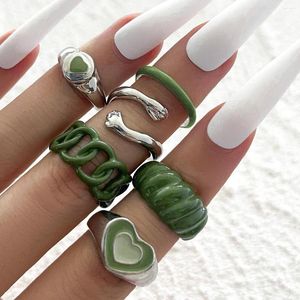 Necklace Earrings Set Vintage 6 Piece Green Hug Hand Ring Women Metallic Paint Coated Creative INS Style Love Rings Fashion Jewelry Party