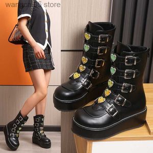 Boots Luxury Brand Big Size 43 Fashion Cool Street Buckles Goth Winter Platform Motorcyklar Stövlar Halloween Cosplay Black Woman Shoes T230817