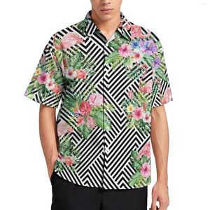 Мужские повседневные рубашки Тропические фламинго блузки мужчины геометрический цветочный принт на Гавайях с коротким рукавом с коротким рукава
