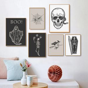 Canvas Dipinto di Halloween Black Skull Ghost Horror Poster Print Wall Abstract Skull Spider Bar Bir Soggio