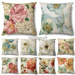 Pillow Case Vintage Cotton Linen Rose Flowers Sofa Decorative Cushion Cover case 45*45 Throw Home Decor cover HKD230817