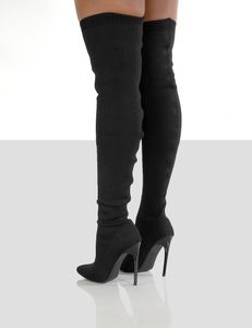 ブーツレディース膝の上の靴下の女性ブーツストレッチ布のハイヒールスリップ靴の尖ったつま先の女性長いブーツサイズ36-43 230816