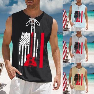 Men's T Shirts Stretch Fit Mens Independence Day Digital 3D Printing Linen Fabric With Sleeveless Top Men Dark Shirt And Set