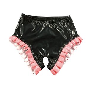 Briefs Panties Woman Fetish PVC Leather Panties With Crotch Open Latex Look Shorts Ruffle Crotchless Black Shorts For Woman Erotic Underwear 230817