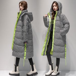 QNPQYX Parka moda invernale Nuovo cappotto imbottito a maniche lunghe con cappuccio di media lunghezza sciolto e ispessito caldo pied de poule cappotto da donna marea