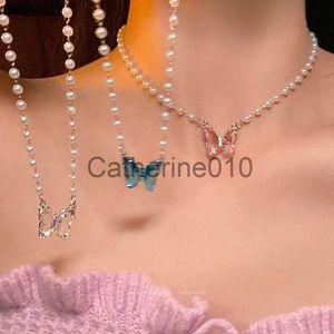 Pendant Necklaces KADRUFI Y2K Glass Butterfly Pendant Pearl Beads Necklace for Women Korean Fashion Kpop Rhinestone Clavicle Choker Jewelry 2023 J230817