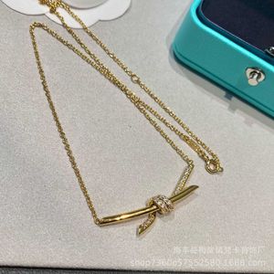 Designer Brand High Quality TIFFAYS 18K Rose Gold Rope Knot Pendant Necklace CNC Hand Set Half Diamond Smooth Farterfly Tie