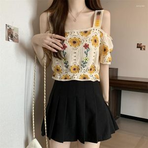 Women's Vests Off The Shoulder Hollowed Out Hook Flower Short Sleeved Knit Shirt For Summer Design Sense Niche Sweet Top Unique And