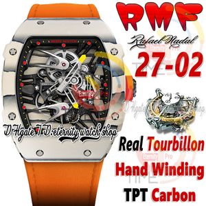 RMF 27-02 MENS Titta på riktiga Tourbillon Mechanical Hand Winding TPT Quartz Carbon Fiber Case Skeleton Dial Orange Nylon Strap 2023 Super Edition Sport Eternity Watches