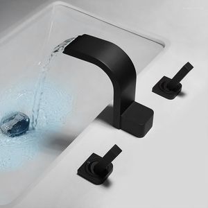 Bathroom Sink Faucets Black Luxury Wash Basin Faucet Brass Dual Handles And Cold Mixer Tap Three Holes Waterfall Taps