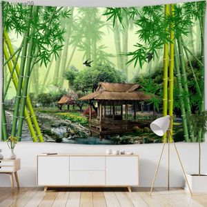 Tapestres estudam cenário caseiro tapeçaria de parede de estilo chinês zen jardim verde massagem de bambu água lírio de lírio na parede de parede decoração r230817