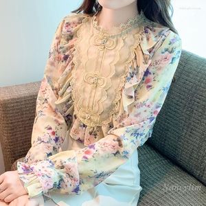 Frauenblusen 2023 Frühlings- und Herbst -Blumen -Chiffon -Hemd Langarm Top European Style Super Fairy Spitzenkragen Rüschen