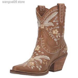 Boots helt nya 2022 Spring Autumn Western Boots With Flower Fashion Cowgirl Walking Comfy Woman Ankle Boot Shoes T230817