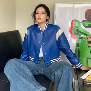 Women's Leather Baseball Uniform Jacket Y2K Short Spring And Autumn O-Neck Contrast Color Stitching Sheepskin Motorcycle