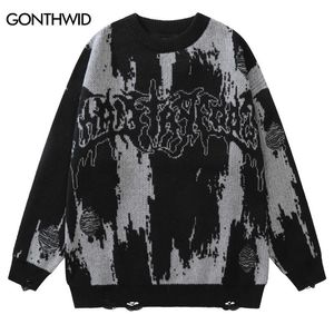 Herrenpullover Hip Hop zerrissener Pullover Grunge y2k Vintage gestrickt Punk Gothic Streetwear Jumpers Männer Frauen Harajuku Mode Pullover 230816