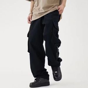 Men's Pants Solid Color Streetwear Cargo Loose Fit Multi-pocket Design Elastic Waist Stylish Functional Trousers Men