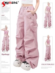 Calça feminina s 2023 calça de macacão casual de verão American Loose Girl Women Pocket Pocket Sametily Pleated Pink Sweatpante 230816
