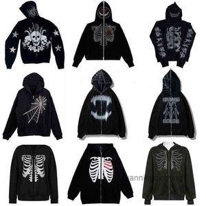 Hoodies Sweatshirts Rhinestones Spider Web Skeleton Print Black Goth Long-sleeve Full Zip Oversized Jacket American Fashion Hot-selling BAGV