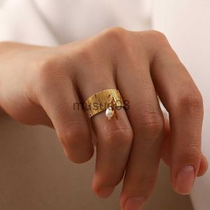 Band Rings Fashion Minimalist 18k Gold Plated Open Ring Jewelry Stainless Steel Start Wide Pendant Freshwater Pearl Rings for Women J230817