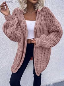 Frauenpullover Frauen Lose Strickjacke Laternenhülle V-Ausschnitt Vollarmiger Herbst Winter Spring Strick-Pullover massivgrau schwarzbraunes rosa Mantel T230817