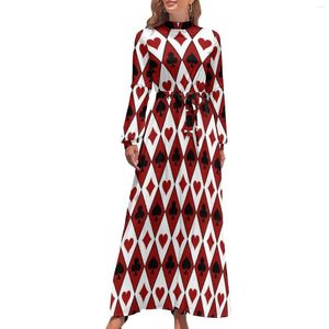 Casual Dresses Funny Poker Print Dress Argyle Card Suits Modern Printed Maxi High Waist Long-Sleeve Street Style Beach Long