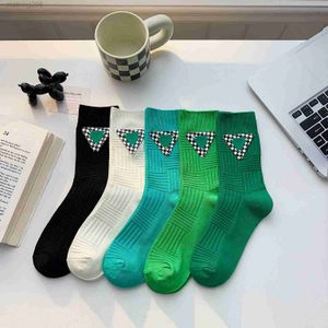 European High Order Korean Ins Fashion Outwear Accessories Socks Green Checkered Triangle Leather Label Fashion Brand Net Red BV Green Medium Sleeve