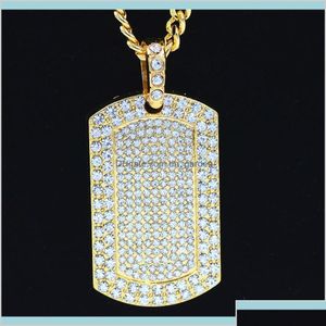 Pendant Necklaces Mens Jewelry Vintage Filled Iced Out Rhinestone Gold Color Charm Square Dog Tag Necklace With Cuban Chain Hip Hop Ba Dhz5F