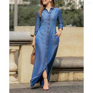 Basic Casual Dresses Casual Dresses 2023 Autumn Women Long Sleeve Maxi Denim Dress Fashion Button Down Shirt Femme Turn-down Collar Lady Wear O5R9