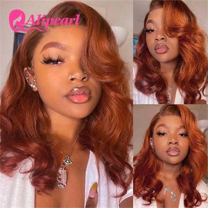 Ali Pearl Copper Color Spets Front Human Hair Wigs Peruansk #35 Body Wave 13x4 Spets Front Wig For Women Pre-Plucked 180 Density