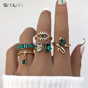 Band Rings Sindlan 5Pcs Y2k Evil Eye Green Crystal Rings for Women Charms Snake Gold Color Water Drop Rhinestone Set Jewelry Anillos Mujer J230817