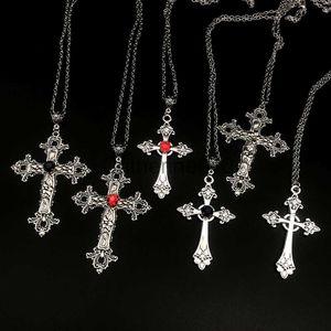 Pendant Necklaces Large Detailed Cross Drill Pendant Jewel Necklace Silver Color Tone Gothic Punk Fashion Charm Statement Women Gift(Red J230817