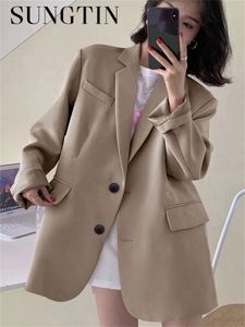 Damenanzüge Blazer Sungin Office Dame Lose Blazer Jacke Frauen Frühling Herumn Herumn Solid Casual Pocket Design Style Chic Clothings 230817