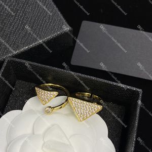 Inverted Triangle Rings Women Gold Opening Rings Full Rhinestone Ladies Band Rings with Gift Box