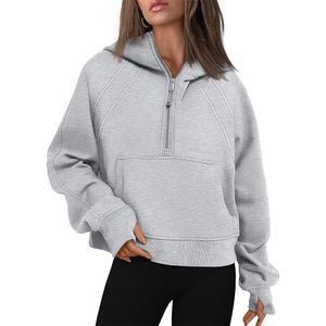 Женские толстовки с капюшоном, укороченные флисовые пуловеры с длинными рукавами и половиной молнии, осенние наряды, одежда 230817