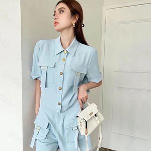 Letter Women Jacket Shorts Fashion Short Sleeved Shirt High Waisted Shorts Gold Button Blouse Trousers Set