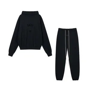 Mens mysiga fleece foder huvtröja flockade logotyp tröja med lapptäcke stickade revben sidor byxor byxor unisex tracksuit set varm överdimensionering passform 17 augusti