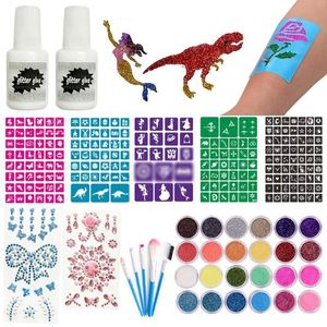 Temporary Tattoos Glitter Colors Tattoo Kit With Stencil Glue Brush Makeup Body Art Design For Kids Painting Powder Halloween 2308017