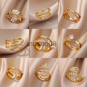 Adjustable Gold Plated Stainless Steel Double Layer Zircon Ring - Open Design Wedding Band for Women, Aesthetic Jewelry Gift