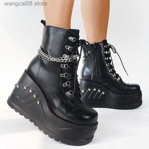 Boots varumärkesdesign gotisk stil ins heta försäljning mode stövlar kvinnor skor höst punk svart hög klackar plattform kilar stövlar kvinnliga t230817