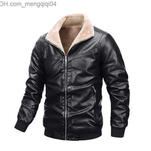 Men's Jackets Men's Fashion PU Leather Jacket Men's Winter Thick Wool Coat Lapel Fur Lining Zipper Coat Z230817