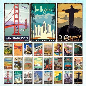 Paisagem da cidade signo de metal vintage Paris São Francisco Los Angeles Dubai Cenário de viagem Placas de lata Decoração da sala de casa Bela paisagem de metal 30x20cm W01