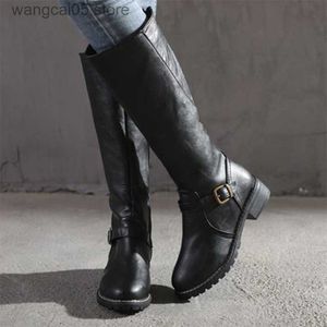 Boots Comemore Women Leather Knee High Boots Women's Buckle Long Knight Boots Female Combat Boots Women Low Heels Shoes Plus Size 43 T230817