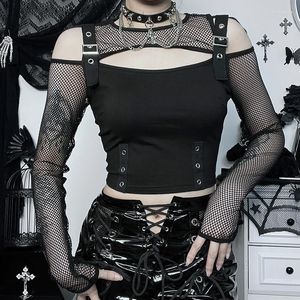 Kvinnors T-skjortor Goth Dark Mall Gothic Fishnet Patchwork T-shirts Grunge Punk Hollow Out Buckle Crop Tops Techwear Fashion Female Alt