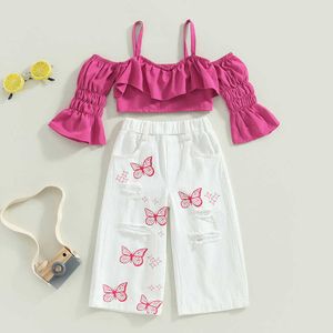 Clothing Sets Girls Summer Clothing Suit Children Short Sleeve Shoulder Tops Butterfly Print Pants 2Pcs Sets Baby Clothes Fashion
