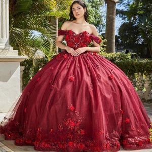 Abito da ballo lucido rosso dalla spalla Abiti Quinceanera Sweet 16 Princess Lace in pizzo 3D fiode per perle da ballo abiti da ballo Vestitido de 15 anos